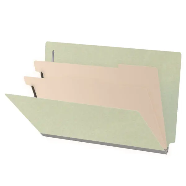 Green Legal Size End Tab Two Divider Classification Folder with 2" Pearl Green Tyvek Expansion and 2" Bonded Fasteners on Inside Front and Inside Back and 1" Duo Fastener on Dividers, 25 pt Type 3 Pressboard Stock Covers and 18 pt Manila Dividers, Packaged 10/50