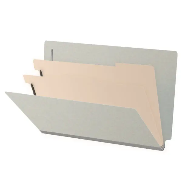 Grey Legal Size End Tab Two Divider Classification Folder with 2" Gray Tyvek Expansion and 2" Bonded Fasteners on Inside Front and Inside Back and 1" Duo Fastener on Dividers, 25 pt Type 3 Pressboard Stock Covers and 18 pt Manila Dividers, Packaged 10/50