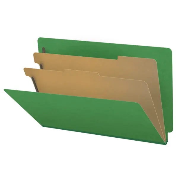 Moss Green Legal Size End Tab Two Divider Classification Folder with 2" Spring Green Tyvek Expansion and 2" Bonded Fasteners on Inside Front and Inside Back and 1" Duo Fastener on Dividers, 25 pt Type 3 Pressboard Stock Covers and 18 pt Manila Dividers, Packaged 10/50