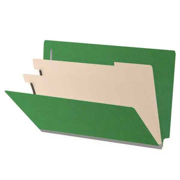 Moss Green Legal Size End Tab Two Divider Classification Folder with 2" Spring Green Tyvek Expansion and 2" Bonded Fasteners on Inside Front and Inside Back and 1" Duo Fastener on Dividers, 25 pt Type 3 Pressboard Stock Covers and 18 pt Manila Dividers, Packaged 10/50