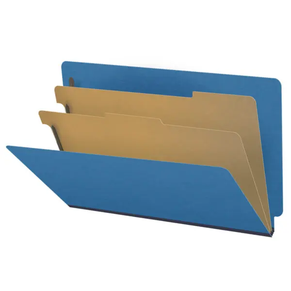 Royal Blue Legal Size End Tab Two Divider Classification Folder with 2" Dark Blue Tyvek Expansion and 2" Bonded Fasteners on Inside Front and Inside Back and 1" Duo Fastener on Dividers, 25 pt Type 3 Pressboard Stock Covers and 18 pt Manila Dividers, Packaged 10/50