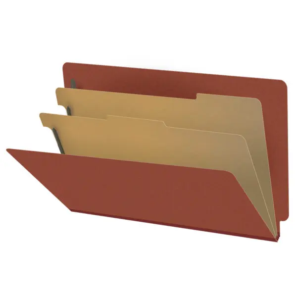 Red Legal Size End Tab Two Divider Classification Folder with 2" Russet Brown Tyvek Expansion and 2" Bonded Fasteners on Inside Front and Inside Back and 1" Duo Fastener on Dividers, 25 pt Type 3 Pressboard Stock Covers and 18 pt Manila Dividers, Packaged 10/50