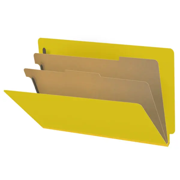 Yellow Legal Size End Tab Two Divider Classification Folder with 2" Lemon Yellow Tyvek Expansion and 2" Bonded Fasteners on Inside Front and Inside Back and 1" Duo Fastener on Dividers, 25 pt Type 3 Pressboard Stock Covers and 18 pt Manila Dividers, Packaged 10/50