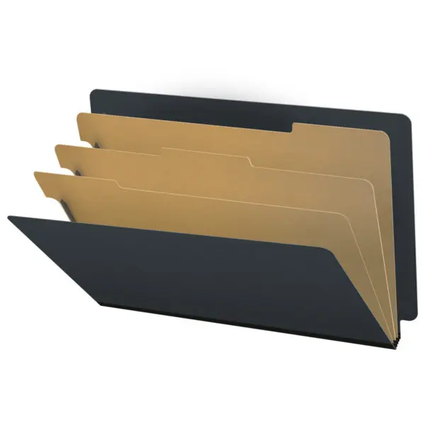 Black Legal Size End Tab Three Divider Classification Folder with 3" Gray Tyvek Expansion and 2" Bonded Fasteners on Inside Front and Back and 1" Duo Fastener on Dividers, 25 pt Type 3 Pressboard Stock Covers and 18 pt Manila Dividers, Packaged 10/50