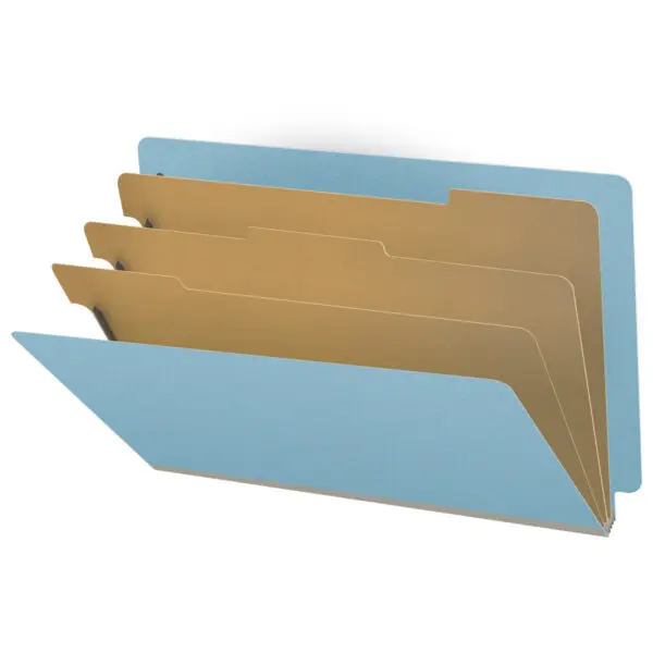 Blue Legal Size End Tab Three Divider Classification Folder with 3" Gray Tyvek Expansion and 2" Bonded Fasteners on Inside Front and Back and 1" Duo Fastener on Dividers, 25 pt Type 3 Pressboard Stock Covers and 18 pt Manila Dividers, Packaged 10/50