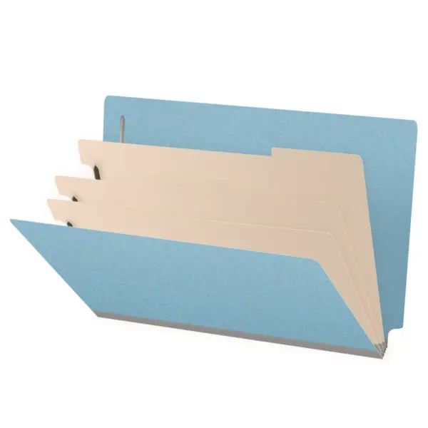 Blue Legal Size End Tab Three Divider Classification Folder with 3" Gray Tyvek Expansion and 2" Bonded Fasteners on Inside Front and Back and 1" Duo Fastener on Dividers, 25 pt Type 3 Pressboard Stock Covers and 18 pt Manila Dividers, Packaged 10/50