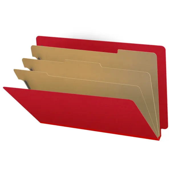 Deep Red Legal Size End Tab Three Divider Classification Folder with 3" Gray Tyvek Expansion and 2" Bonded Fasteners on Inside Front and Back and 1" Duo Fastener on Dividers, 25 pt Type 3 Pressboard Stock Covers and 18 pt Manila Dividers, Packaged 10/50