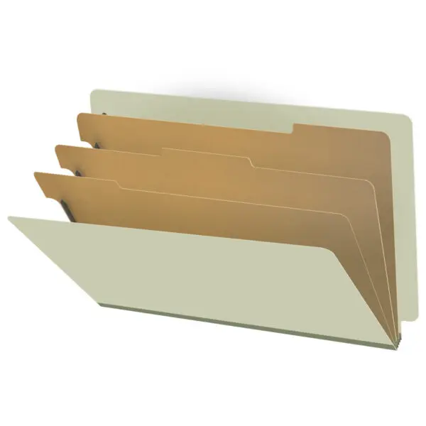Green Legal Size End Tab Three Divider Classification Folder with 3" Pearl Green Tyvek Expansion and 2" Bonded Fasteners on Inside Front and Back and 1" Duo Fastener on Dividers, 25 pt Type 3 Pressboard Stock Covers and 18 pt Manila Dividers, Packaged 10/50