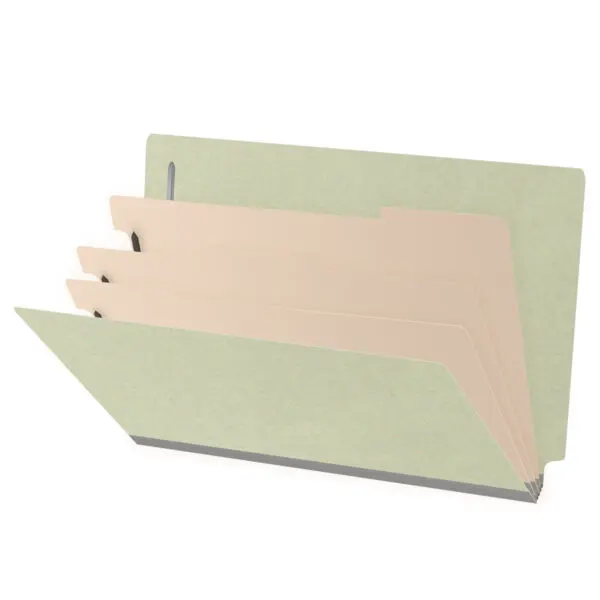 Green Legal Size End Tab Three Divider Classification Folder with 3" Pearl Green Tyvek Expansion and 2" Bonded Fasteners on Inside Front and Back and 1" Duo Fastener on Dividers, 25 pt Type 3 Pressboard Stock Covers and 18 pt Manila Dividers, Packaged 10/50