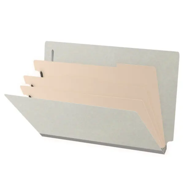 Grey Legal Size End Tab Three Divider Classification Folder with 3" Gray Tyvek Expansion and 2" Bonded Fasteners on Inside Front and Back and 1" Duo Fastener on Dividers, 25 pt Type 3 Pressboard Stock Covers and 18 pt Manila Dividers, Packaged 10/50