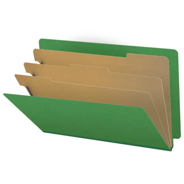 Moss Green Legal Size End Tab Three Divider Classification Folder with 3" Spring Green Tyvek Expansion and 2" Bonded Fasteners on Inside Front and Back and 1" Duo Fastener on Dividers, 25 pt Type 3 Pressboard Stock Covers and 18 pt Manila Dividers, Packaged 10/50