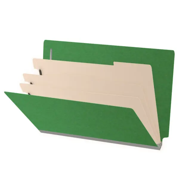 Moss Green Legal Size End Tab Three Divider Classification Folder with 3" Spring Green Tyvek Expansion and 2" Bonded Fasteners on Inside Front and Back and 1" Duo Fastener on Dividers, 25 pt Type 3 Pressboard Stock Covers and 18 pt Manila Dividers, Packaged 10/50