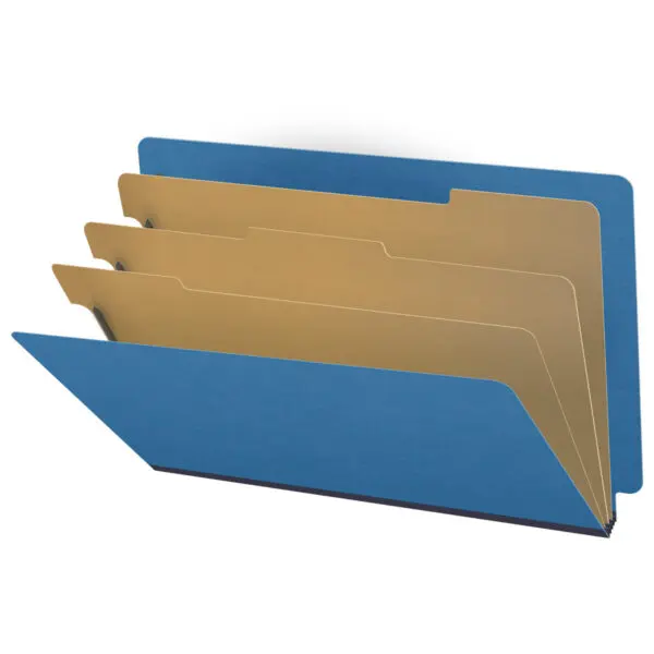 Royal Blue Legal Size End Tab Three Divider Classification Folder with 3" Dark Blue Tyvek Expansion and 2" Bonded Fasteners on Inside Front and Back and 1" Duo Fastener on Dividers, 25 pt Type 3 Pressboard Stock Covers and 18 pt Manila Dividers, Packaged 10/50