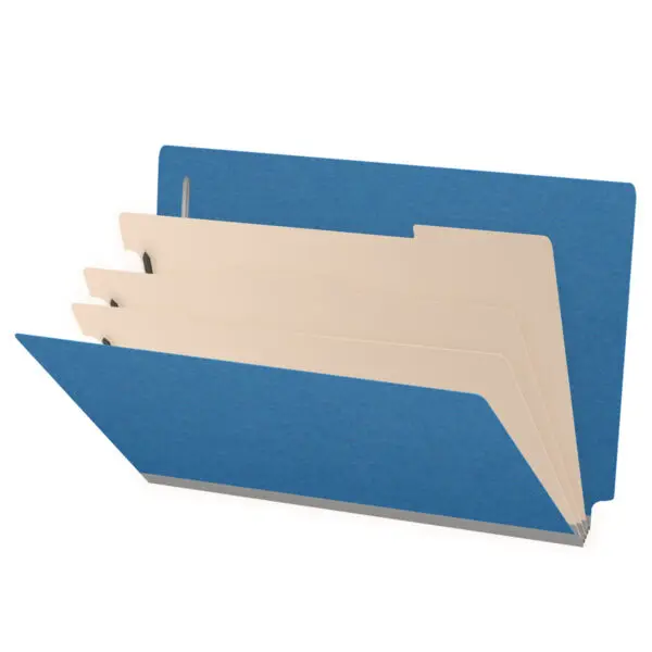 Royal Blue Legal Size End Tab Three Divider Classification Folder with 3" Dark Blue Tyvek Expansion and 2" Bonded Fasteners on Inside Front and Back and 1" Duo Fastener on Dividers, 25 pt Type 3 Pressboard Stock Covers and 18 pt Manila Dividers, Packaged 10/50