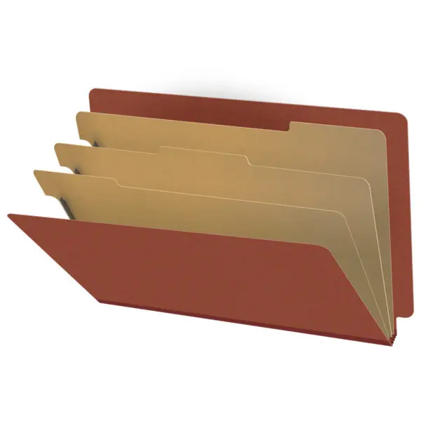 Red Legal Size End Tab Three Divider Classification Folder with 3" Russet Brown Tyvek Expansion and 2" Bonded Fasteners on Inside Front and Back and 1" Duo Fastener on Dividers, 25 pt Type 3 Pressboard Stock Covers and 18 pt Manila Dividers, Packaged 10/50