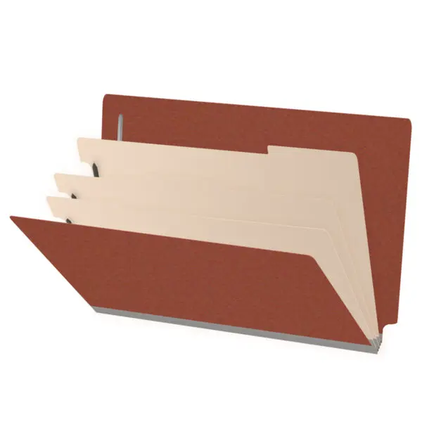 Red Legal Size End Tab Three Divider Classification Folder with 3" Russet Brown Tyvek Expansion and 2" Bonded Fasteners on Inside Front and Back and 1" Duo Fastener on Dividers, 25 pt Type 3 Pressboard Stock Covers and 18 pt Manila Dividers, Packaged 10/50