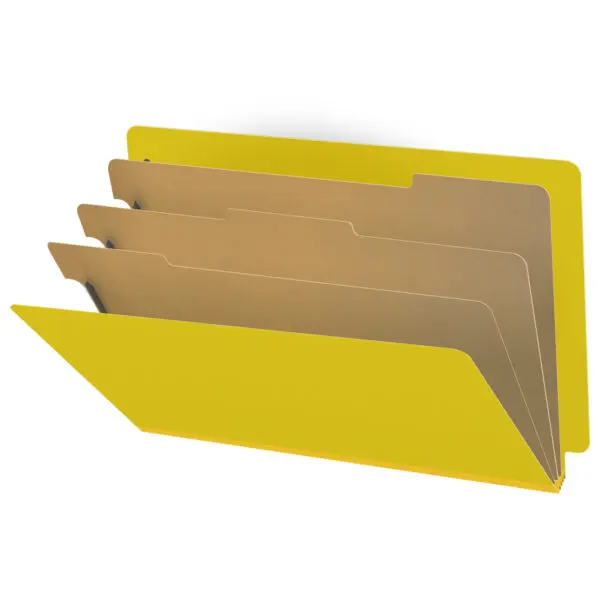 Yellow Legal Size End Tab Three Divider Classification Folder with 3" Lemon Yellow Tyvek Expansion and 2" Bonded Fasteners on Inside Front and Back and 1" Duo Fastener on Dividers, 25 pt Type 3 Pressboard Stock Covers and 18 pt Manila Dividers, Packaged 10/50