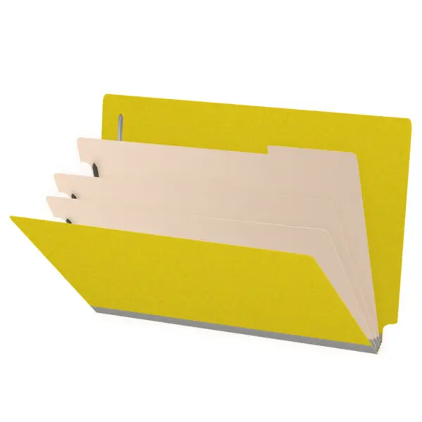 Yellow Legal Size End Tab Three Divider Classification Folder with 3" Lemon Yellow Tyvek Expansion and 2" Bonded Fasteners on Inside Front and Back and 1" Duo Fastener on Dividers, 25 pt Type 3 Pressboard Stock Covers and 18 pt Manila Dividers, Packaged 10/50