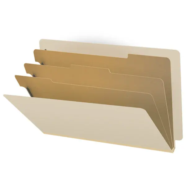Manila Legal Size End Tab Three Divider Classification Folder with 3" Gray Tyvek Expansion and 2" Bonded Fasteners on Inside Front and Back and 1" Duo Fastener on Dividers, 18 pt Manila Stock, Packaged 10/50