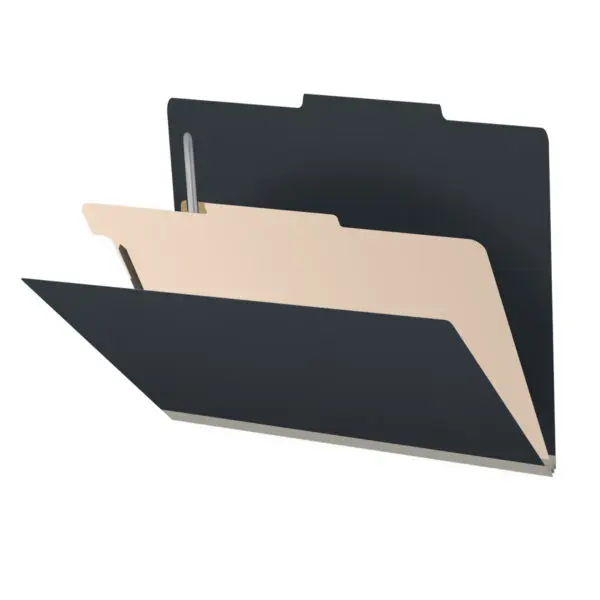Black Letter Size Top Tab One Divider Classification Folder with 2" Gray Tyvek Expansion and 2" Bonded Fasteners on Inside Front and Back and 1" Duo Fastener on Divider, 25 pt Type 3 Pressboard Stock Covers and 18 pt Manila Divider, Packaged 10/50