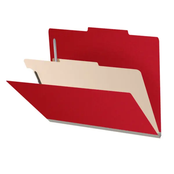 Deep Red Letter Size Top Tab One Divider Classification Folder with 2" Gray Tyvek Expansion and 2" Bonded Fasteners on Inside Front and Back and 1" Duo Fastener on Divider, 25 pt Type 3 Pressboard Stock Covers and 18 pt Manila Divider, Packaged 10/50