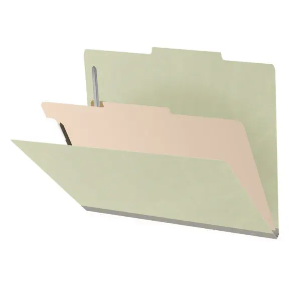 Green Letter Size Top Tab One Divider Classification Folder with 2" Pearl Green Tyvek Expansion and 2" Bonded Fasteners on Inside Front and Back and 1" Duo Fastener on Divider, 25 pt Type 3 Pressboard Stock Covers and 18 pt Manila Divider, Packaged 10/50