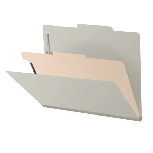 Grey Letter Size Top Tab One Divider Classification Folder with 2" Gray Tyvek Expansion and 2" Bonded Fasteners on Inside Front and Back and 1" Duo Fastener on Divider, 25 pt Type 3 Pressboard Stock Covers and 18 pt Manila Divider, Packaged 10/50