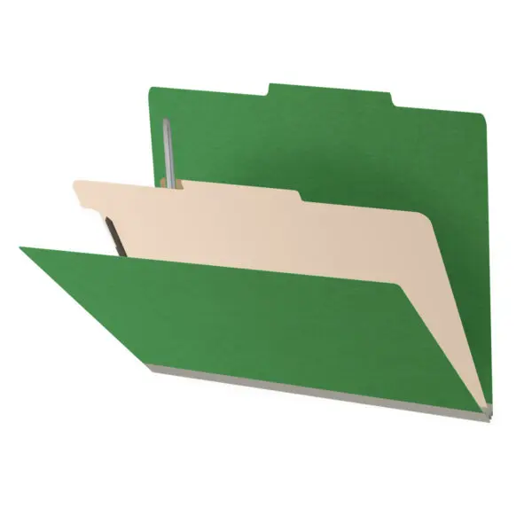 Moss Green Letter Size Top Tab One Divider Classification Folder with 2" Spring Green Tyvek Expansion and 2" Bonded Fasteners on Inside Front and Back and 1" Duo Fastener on Divider, 25 pt Type 3 Pressboard Stock Covers and 18 pt Manila Divider, Packaged 10/50