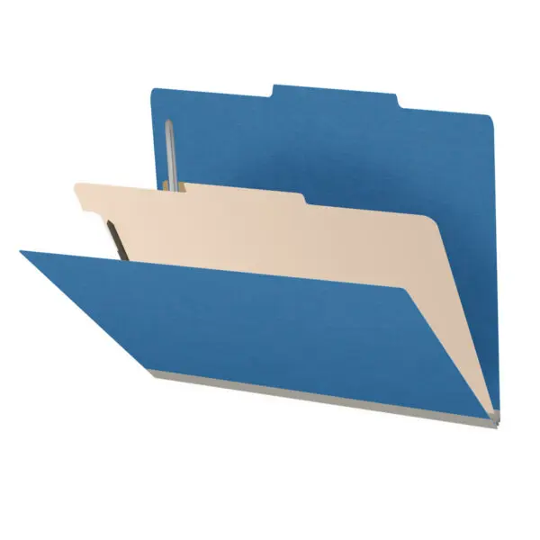 Royal Blue Letter Size Top Tab One Divider Classification Folder with 2" Dark Blue Tyvek Expansion and 2" Bonded Fasteners on Inside Front and Back and 1" Duo Fastener on Divider, 25 pt Type 3 Pressboard Stock Covers and 18 pt Manila Divider, Packaged 10/50