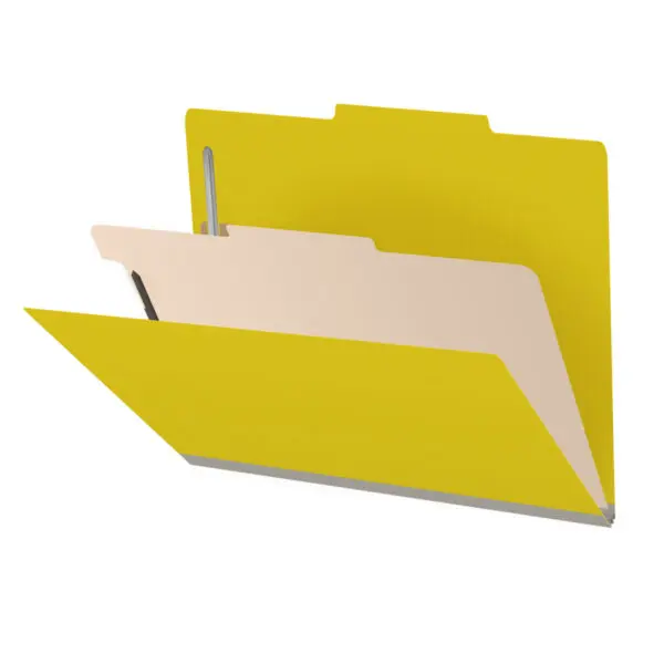 Yellow Letter Size Top Tab One Divider Classification Folder with 2" Lemon Yellow Tyvek Expansion and 2" Bonded Fasteners on Inside Front and Back and 1" Duo Fastener on Divider, 25 pt Type 3 Pressboard Stock Covers and 18 pt Manila Divider, Packaged 10/50