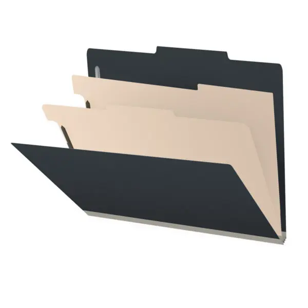 Black Letter Size Top Tab Two Divider Classification Folder with 2" Gray Tyvek Expansion and 2" Bonded Fasteners on Inside Front and Back and 1" Duo Fastener on Dividers, 25 pt Type 3 Pressboard Stock Covers and 18 pt Manila Dividers, Packaged 10/50