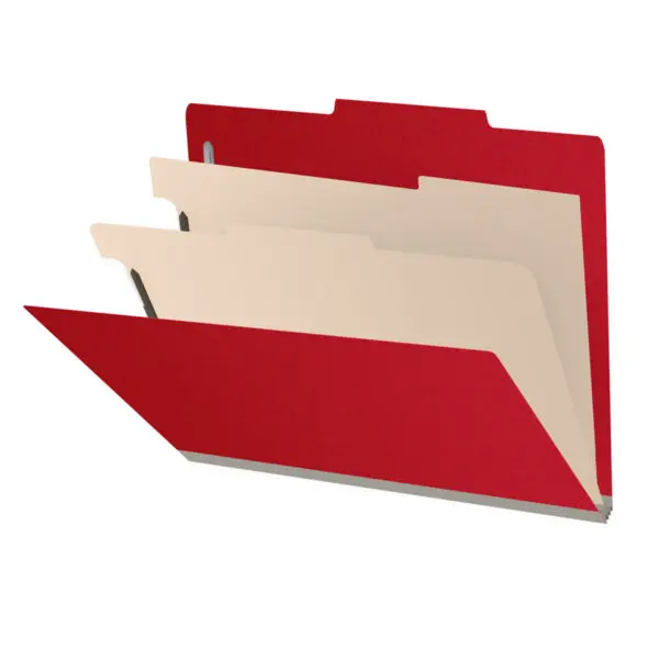 Deep Red Letter Size Top Tab Two Divider Classification Folder with 2" Gray Tyvek Expansion and 2" Bonded Fasteners on Inside Front and Back and 1" Duo Fastener on Dividers, 25 pt Type 3 Pressboard Stock Covers and 18 pt Manila Dividers, Packaged 10/50