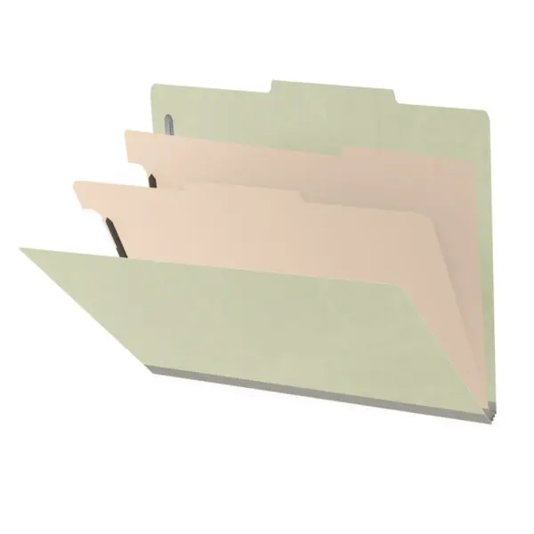 Green Letter Size Top Tab Two Divider Classification Folder with 2" Pearl Green Tyvek Expansion and 2" Bonded Fasteners on Inside Front and Back and 1" Duo Fastener on Dividers, 25 pt Type 3 Pressboard Stock Covers and 18 pt Manila Dividers, Packaged 10/50