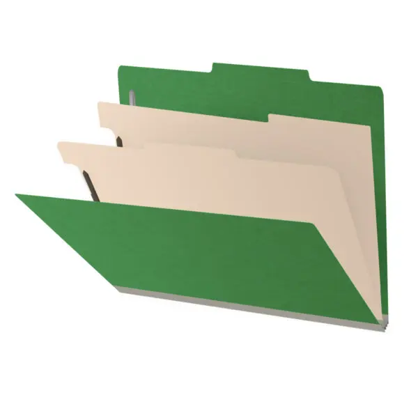 Moss Green Letter Size Top Tab Two Divider Classification Folder with 2" Spring Green Tyvek Expansion and 2" Bonded Fasteners on Inside Front and Back and 1" Duo Fastener on Dividers, 25 pt Type 3 Pressboard Stock Covers and 18 pt Manila Dividers, Packaged 10/50