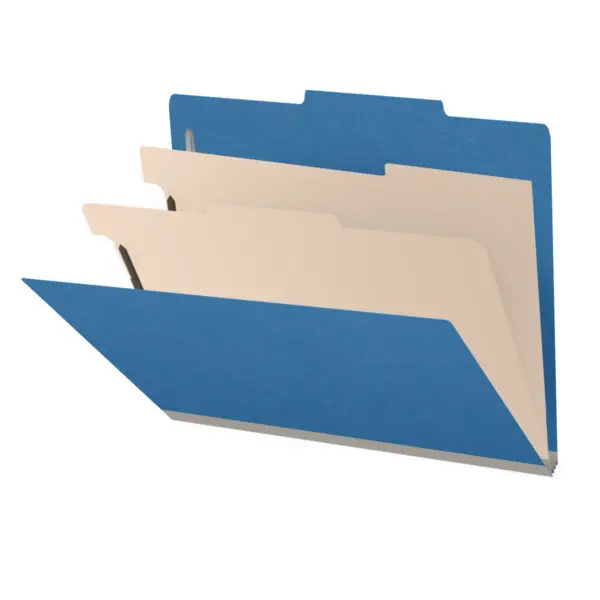 Royal Blue Letter Size Top Tab Two Divider Classification Folder with 2" Dark Blue Tyvek Expansion and 2" Bonded Fasteners on Inside Front and Back and 1" Duo Fastener on Dividers, 25 pt Type 3 Pressboard Stock Covers and 18 pt Manila Dividers, Packaged 10/50