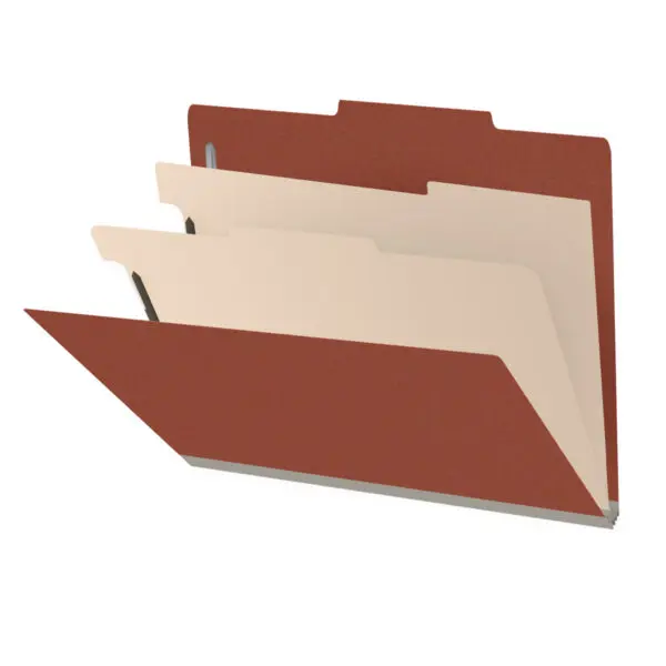 Red Letter Size Top Tab Two Divider Classification Folder with 2" Russet Brown Tyvek Expansion and 2" Bonded Fasteners on Inside Front and Back and 1" Duo Fastener on Dividers, 25 pt Type 3 Pressboard Stock Covers and 18 pt Manila Dividers, Packaged 10/50