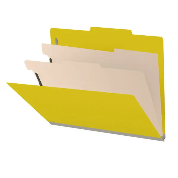 Yellow Letter Size Top Tab Two Divider Classification Folder with 2" Lemon Yellow Tyvek Expansion and 2" Bonded Fasteners on Inside Front and Back and 1" Duo Fastener on Dividers, 25 pt Type 3 Pressboard Stock Covers and 18 pt Manila Dividers, Packaged 10/50