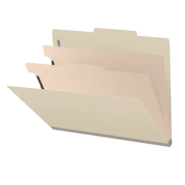 Manila Letter Size Top Tab Two Divider Classification Folder with 2" Gray Tyvek Expansion and 2" Bonded Fasteners on Inside Front and Back and 1" Duo Fastener on Dividers, 18 pt Manila Stock, Packaged 10/50