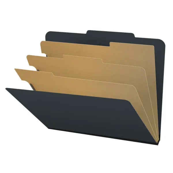 Black Letter Size Top Tab Three Divider Classification Folder with 3" Gray Tyvek Expansion and 2" Bonded Fasteners on Inside Front and Back and 1" Duo Fastener on Dividers, 25 pt Type 3 Pressboard Stock Covers and 18 pt Manila Dividers, Packaged 10/50