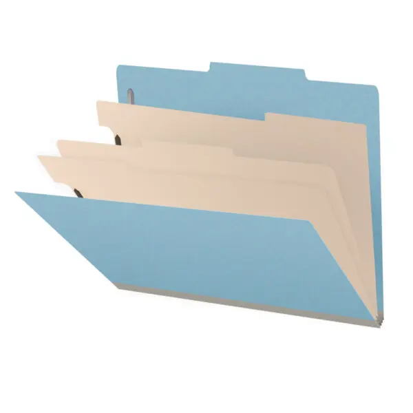 Blue Letter Size Top Tab Three Divider Classification Folder with 3" Gray Tyvek Expansion and 2" Bonded Fasteners on Inside Front and Back and 1" Duo Fastener on Dividers, 25 pt Type 3 Pressboard Stock Covers and 18 pt Manila Dividers, Packaged 10/50