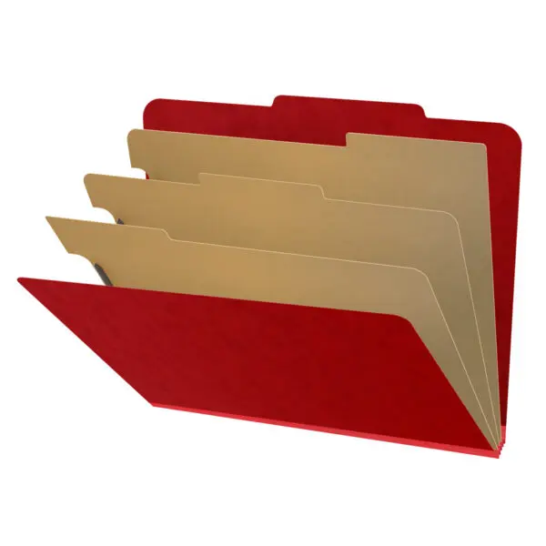 Deep Red Letter Size Top Tab Three Divider Classification Folder with 3" Gray Tyvek Expansion and 2" Bonded Fasteners on Inside Front and Back and 1" Duo Fastener on Dividers, 25 pt Type 3 Pressboard Stock Covers and 18 pt Manila Dividers, Packaged 10/50