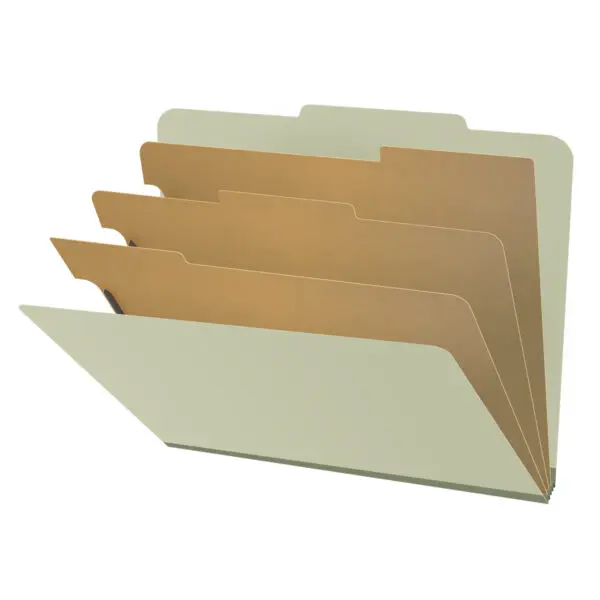 Green Letter Size Top Tab Three Divider Classification Folder with 3" Pearl Green Tyvek Expansion and 2" Bonded Fasteners on Inside Front and Back and 1" Duo Fastener on Dividers, 25 pt Type 3 Pressboard Stock Covers and 18 pt Manila Dividers, Packaged 10/50