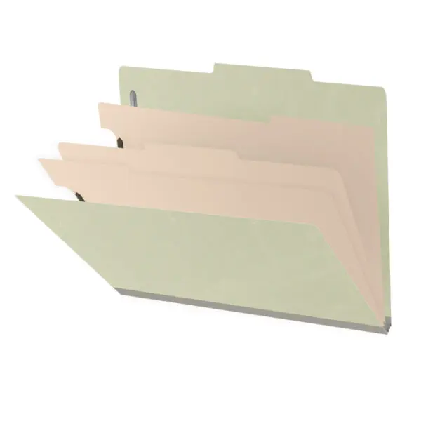 Green Letter Size Top Tab Three Divider Classification Folder with 3" Pearl Green Tyvek Expansion and 2" Bonded Fasteners on Inside Front and Back and 1" Duo Fastener on Dividers, 25 pt Type 3 Pressboard Stock Covers and 18 pt Manila Dividers, Packaged 10/50
