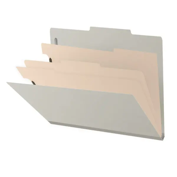 Grey Letter Size Top Tab Three Divider Classification Folder with 3" Gray Tyvek Expansion and 2" Bonded Fasteners on Inside Front and Back and 1" Duo Fastener on Dividers, 25 pt Type 3 Pressboard Stock Covers and 18 pt Manila Dividers, Packaged 10/50