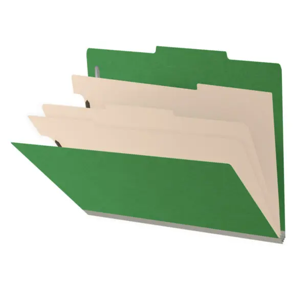Moss Green Letter Size Top Tab Three Divider Classification Folder with 3" Spring Green Tyvek Expansion and 2" Bonded Fasteners on Inside Front and Back and 1" Duo Fastener on Dividers, 25 pt Type 3 Pressboard Stock Covers and 18 pt Manila Dividers, Packaged 10/50