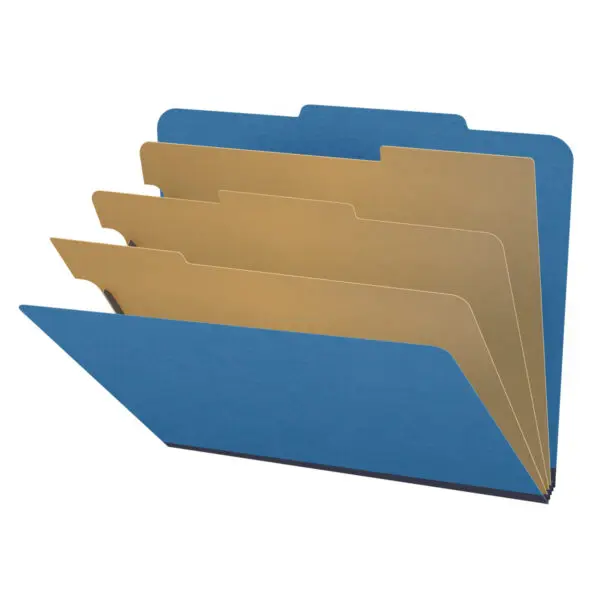 Royal Blue Letter Size Top Tab Three Divider Classification Folder with 3" Dark Blue Tyvek Expansion and 2" Bonded Fasteners on Inside Front and Back and 1" Duo Fastener on Dividers, 25 pt Type 3 Pressboard Stock Covers and 18 pt Manila Dividers, Packaged 10/50