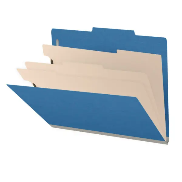 Royal Blue Letter Size Top Tab Three Divider Classification Folder with 3" Dark Blue Tyvek Expansion and 2" Bonded Fasteners on Inside Front and Back and 1" Duo Fastener on Dividers, 25 pt Type 3 Pressboard Stock Covers and 18 pt Manila Dividers, Packaged 10/50