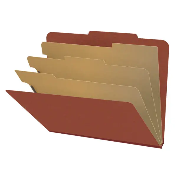 Red Letter Size Top Tab Three Divider Classification Folder with 3" Russet Brown Tyvek Expansion and 2" Bonded Fasteners on Inside Front and Back and 1" Duo Fastener on Dividers, 25 pt Type 3 Pressboard Stock Covers and 18 pt Manila Dividers, Packaged 10/50