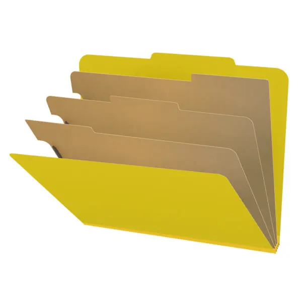 Yellow Letter Size Top Tab Three Divider Classification Folder with 3" Lemon Yellow Tyvek Expansion and 2" Bonded Fasteners on Inside Front and Back and 1" Duo Fastener on Dividers, 25 pt Type 3 Pressboard Stock Covers and 18 pt Manila Dividers, Packaged 10/50