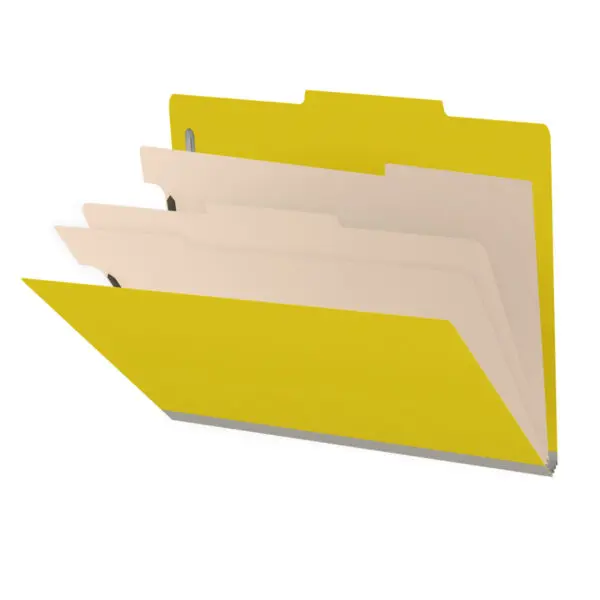 Yellow Letter Size Top Tab Three Divider Classification Folder with 3" Lemon Yellow Tyvek Expansion and 2" Bonded Fasteners on Inside Front and Back and 1" Duo Fastener on Dividers, 25 pt Type 3 Pressboard Stock Covers and 18 pt Manila Dividers, Packaged 10/50